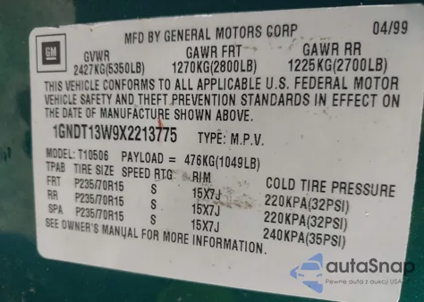 1999 Chevrolet Blazer Ls from USA, damaged, VIN 1GNDT13W9X2213775